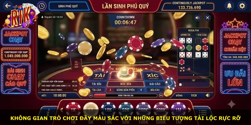 Không gian trò chơi đầy màu sắc với những biểu tượng tài lộc rực rỡ